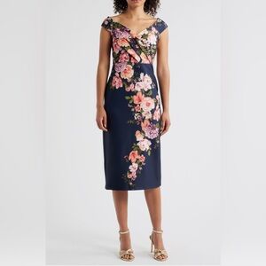 Eliza J Floral Print Scuba Sheath Cap Sleeve Midi Navy Blue Dress NWT Size 14